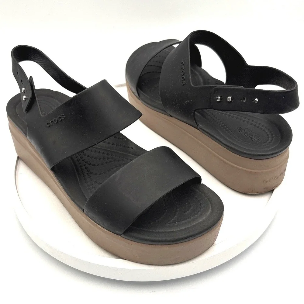 Crocs Brooklyn Low Wedge Sandals Black Mushroom Womens 9 Platform Slingback